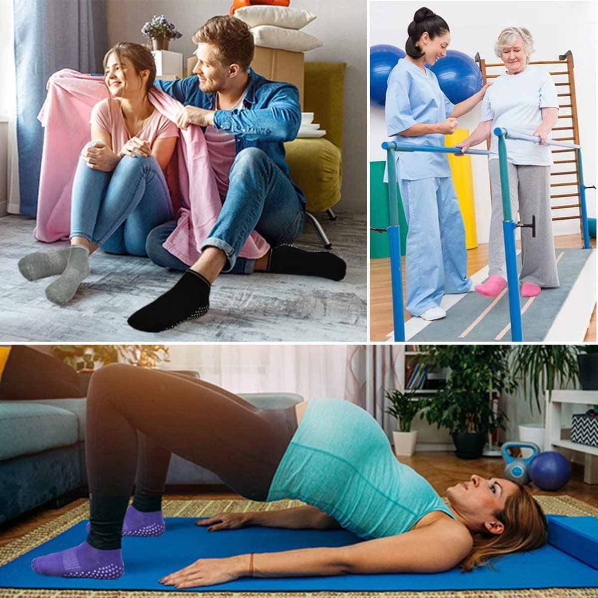 Non-slip socks - Pack of 4 pairs - Yoga and trampoline socks - Non-slip texture - Suitable for family use (black + light gray + pink + purple) - Image 3