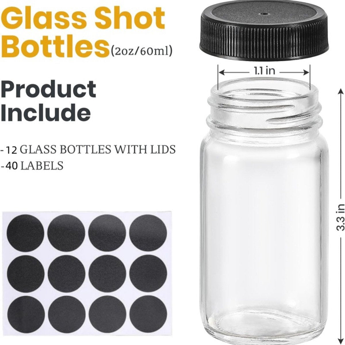 Glass Jars with Lids - 15 x 2 oz Jars - Includes 15 Labels - Clear - Perfect for Ginger Smoothies, Health Drinks, Juices, etc. - Travel Essential - Wide Mouth Design - Leak-Proof - Dishwasher Safe - Image 2
