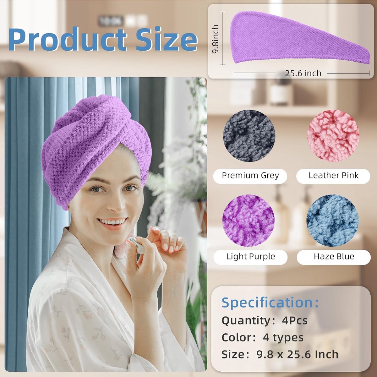 Towels - 4 pcs - Wet Hair Towel - Dry Hair Towel - Long Hair Headband - Women's Towels - Bathroom Amenities - Image 5