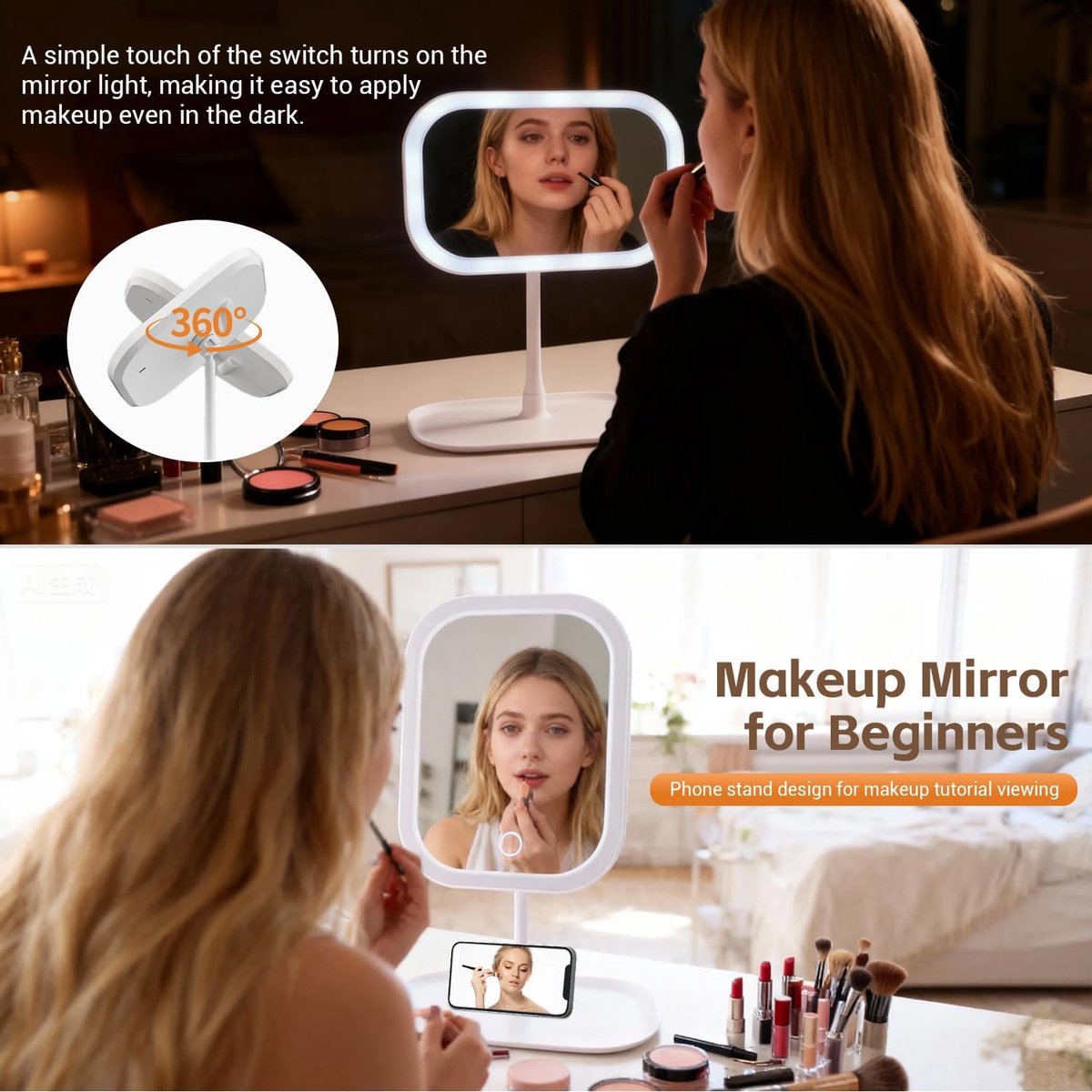 Make-up Mirror with Light - 3 Light Colors - Dimmable - Mirror with Lights - Smart Touch - USB Charging Port - Image 4