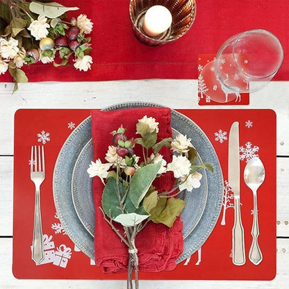 Placemats - Set of 12 - Christmas placemats - including coasters, Christmas placemats - heat-resistant and waterproof - suitable for Christmas parties and table decorations (Red) - Image 3