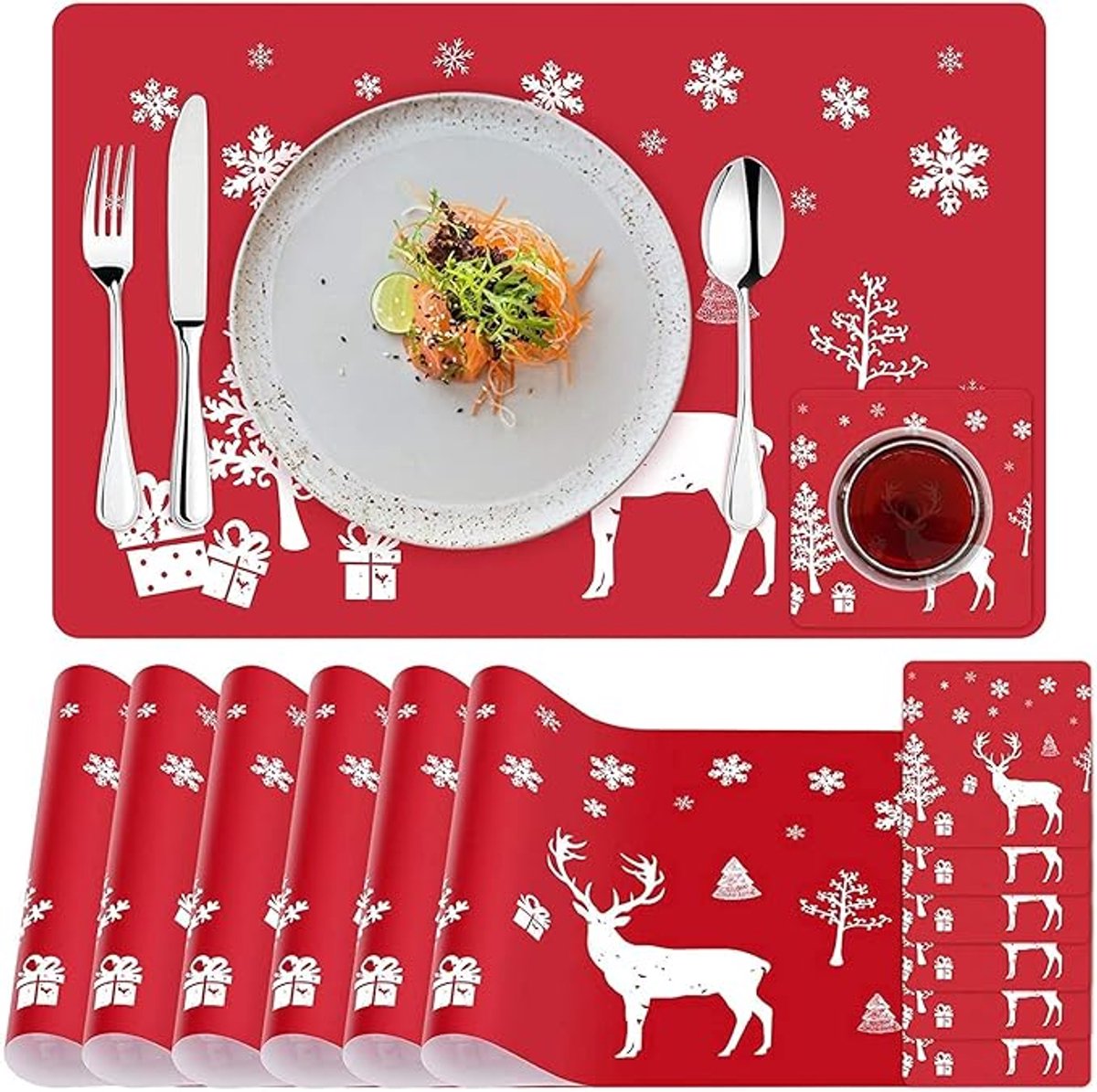 Placemats - Set of 12 - Christmas placemats - including coasters, Christmas placemats - heat-resistant and waterproof - suitable for Christmas parties and table decorations (Red) - Image 5