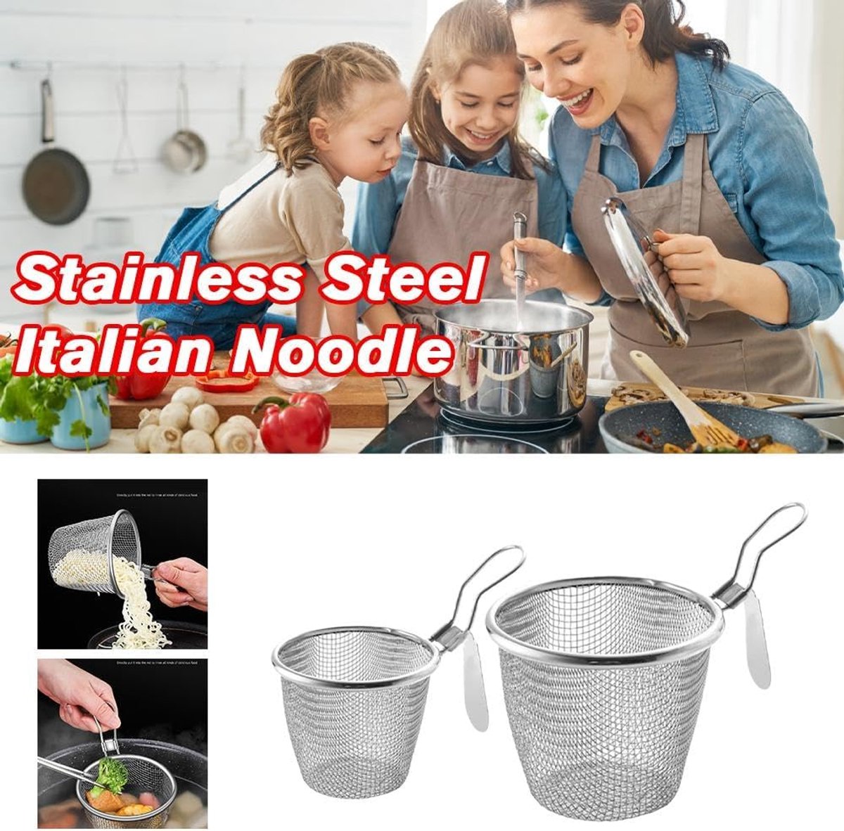 Stainless Steel Pasta Basket - Cooking Basket with Pasta Clamp - Hanging Strainer - Kitchen Utensils Suitable for Pasta, Ramen, Pho and Vegetables - Image 4
