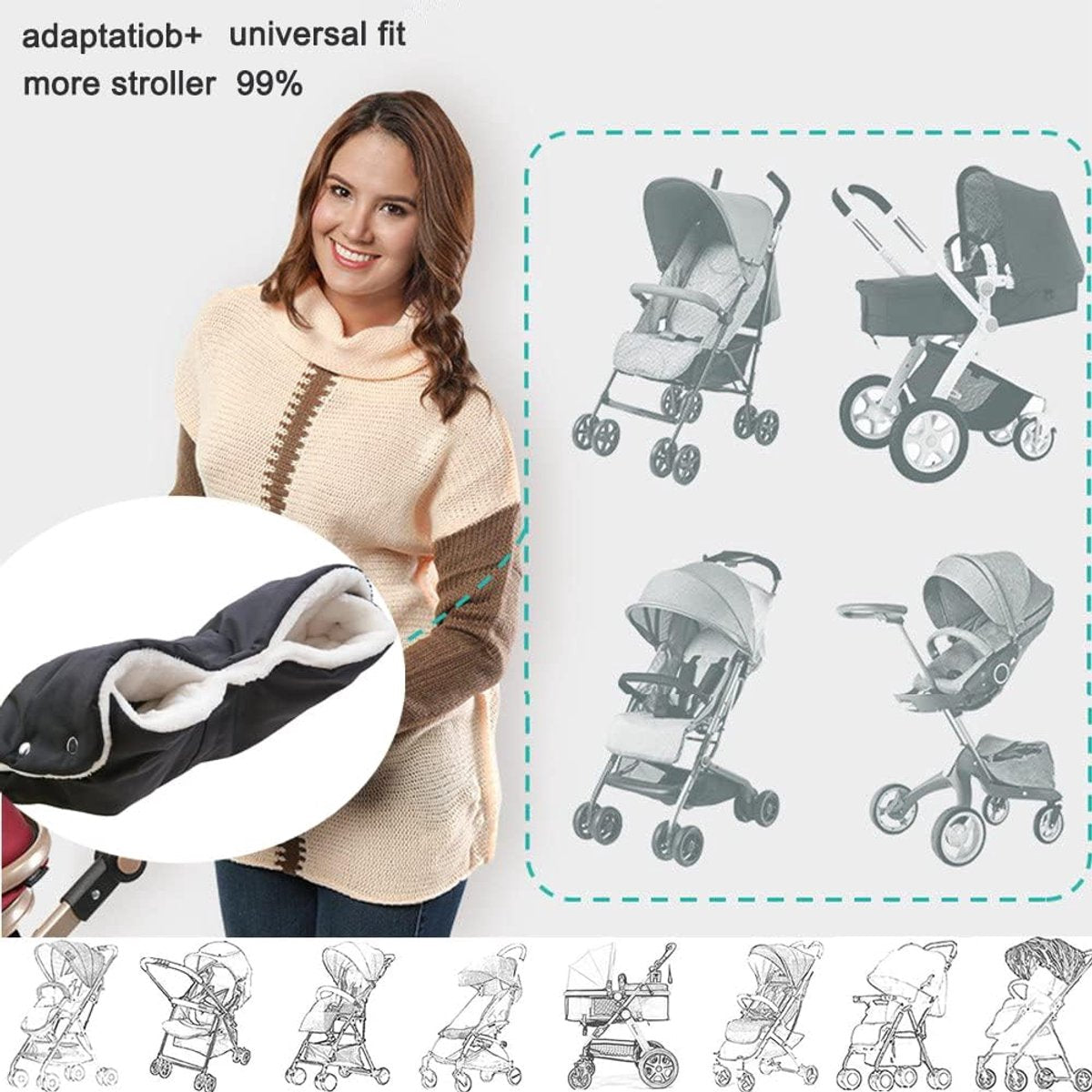 Fleece Stroller Gloves - Waterproof, Windproof, Frost-Resistant, Thickened and Warm - Winter Stroller Gloves (Black) - Image 3