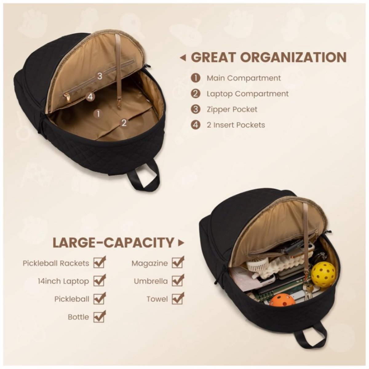 Backpack - Tennis Shoulder Crossbody Bag - Sports Bag - Waterproof Racket Bag - Suitable for Pickles and Badminton - Black - Image 3
