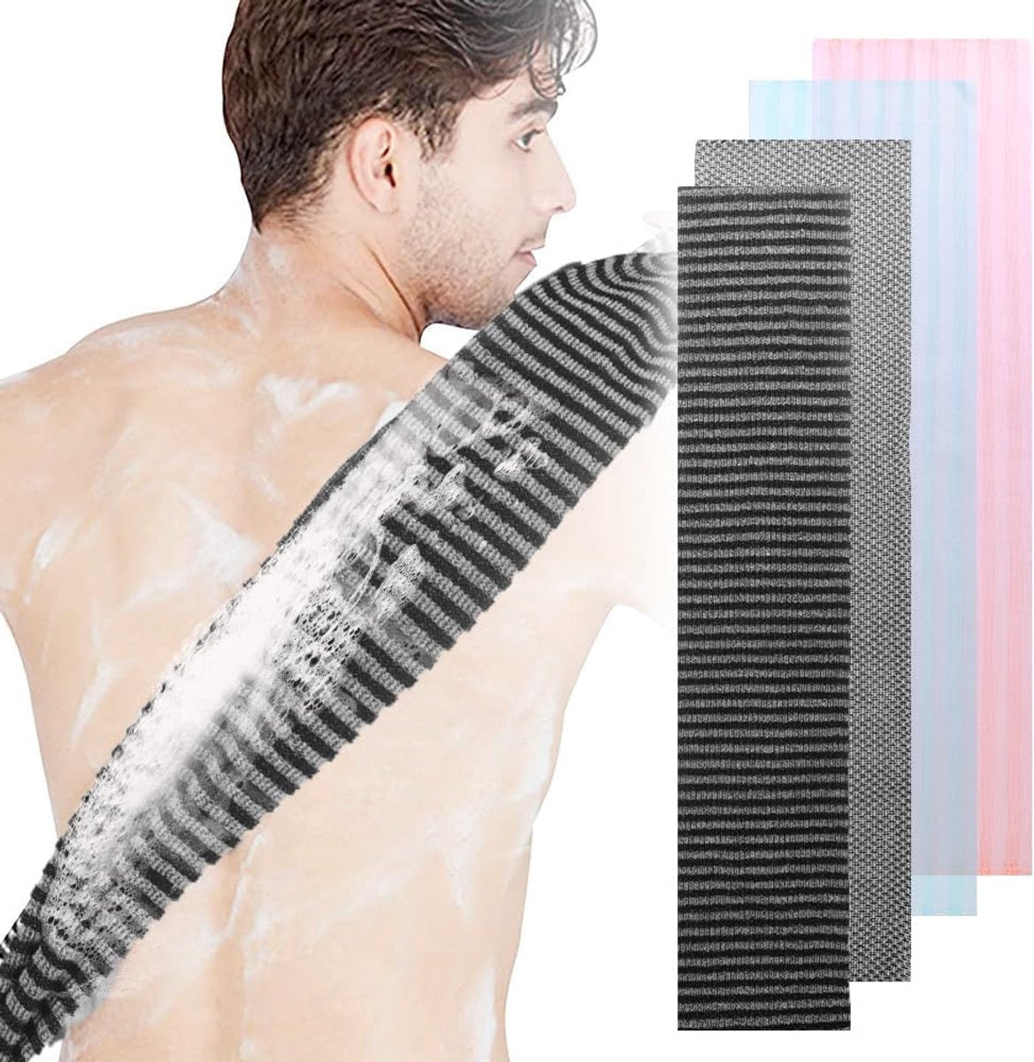 Back Scrubber Set | 2-Piece Exfoliating Shower Towel | Extra Long Exfoliating Washcloth for Men and Women - Scrub Cloth for Body Cleansing and Massage (Black-A) - Image 3