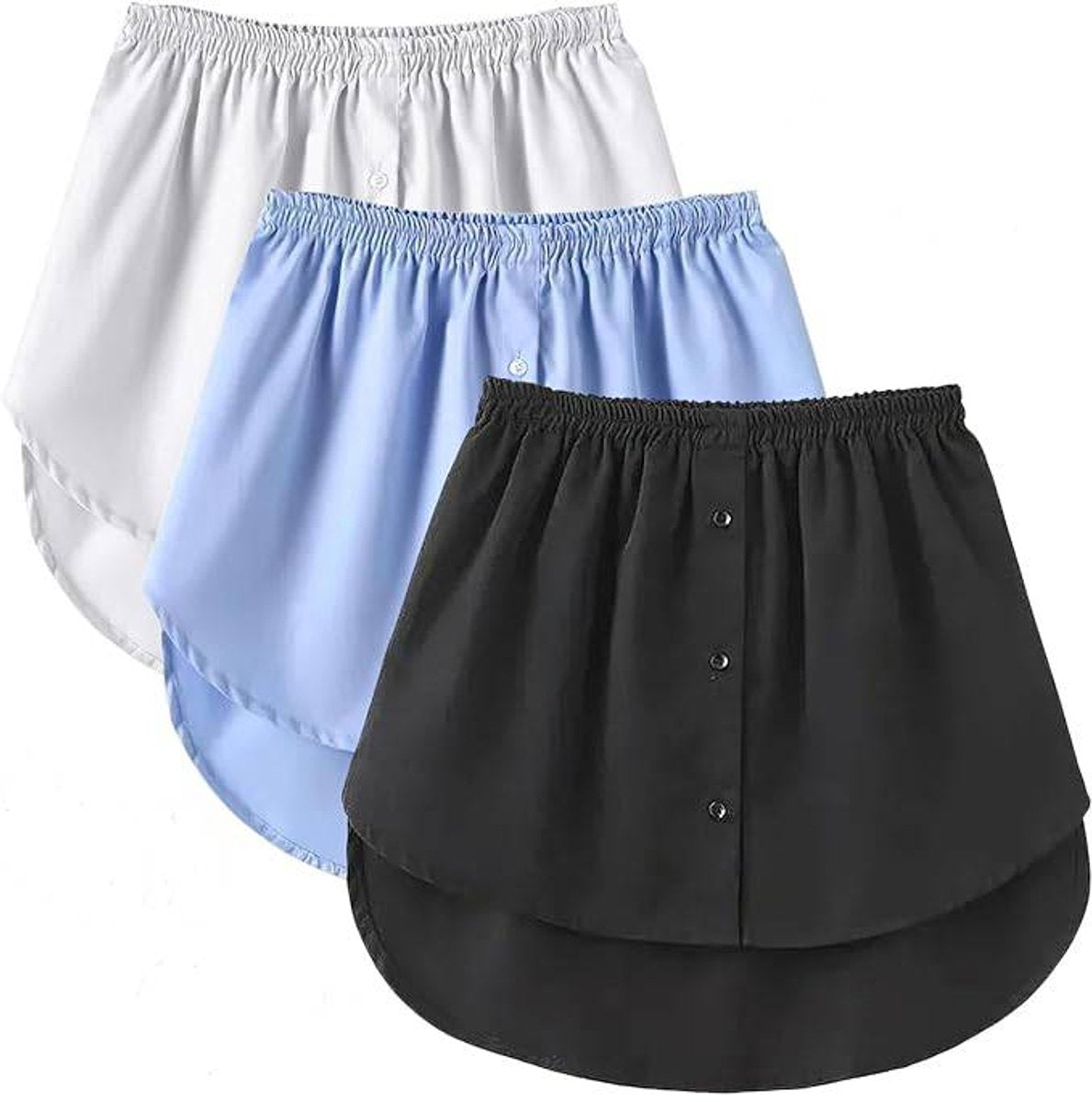 3-Piece Clothing Extender - Suitable for women's shirts - Adjustable layered tops - Midi skirts - Layered underwear - Black, white and blue (size L)