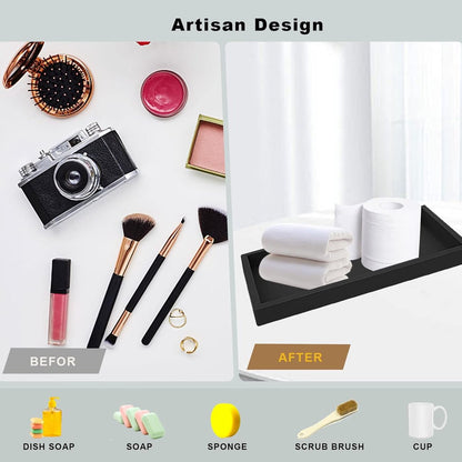 Tray - Set of 2 - Dressing table tray - Bathroom storage tray - Cosmetics storage tray - Bathroom storage box - Suitable for storing candles, soap, towels, perfume, etc. - Black - 20x10x1.8 cm - Image 2