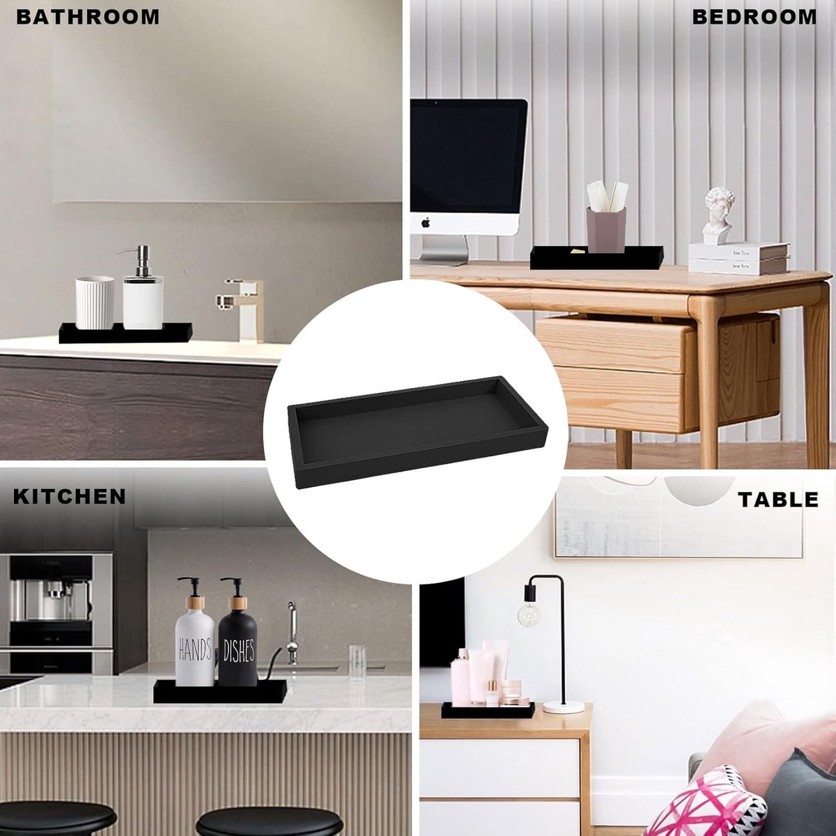 Tray - Set of 2 - Dressing table tray - Bathroom storage tray - Cosmetics storage tray - Bathroom storage box - Suitable for storing candles, soap, towels, perfume, etc. - Black - 20x10x1.8 cm - Image 3
