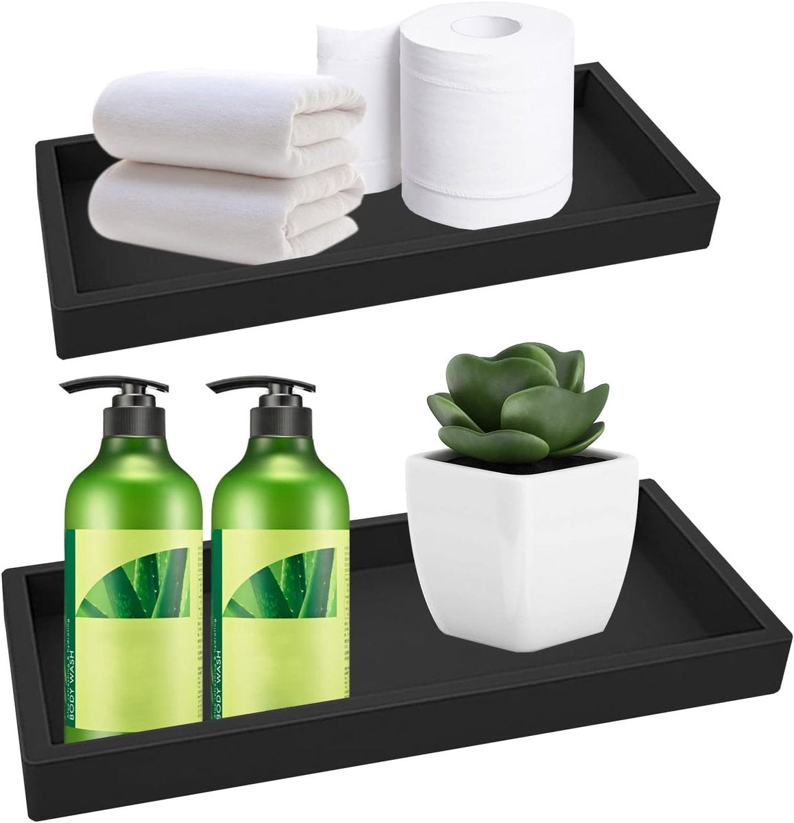 Tray - Set of 2 - Dressing table tray - Bathroom storage tray - Cosmetics storage tray - Bathroom storage box - Suitable for storing candles, soap, towels, perfume, etc. - Black - 20x10x1.8 cm - Image 8