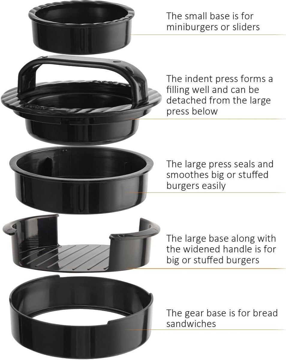 3-in-1 Hamburger and Hamburger Press - Hamburger Mold - Non-stick, Durable Patty Maker for Stuffed Burgers and Sliders - Easy to Clean - Black - Image 2