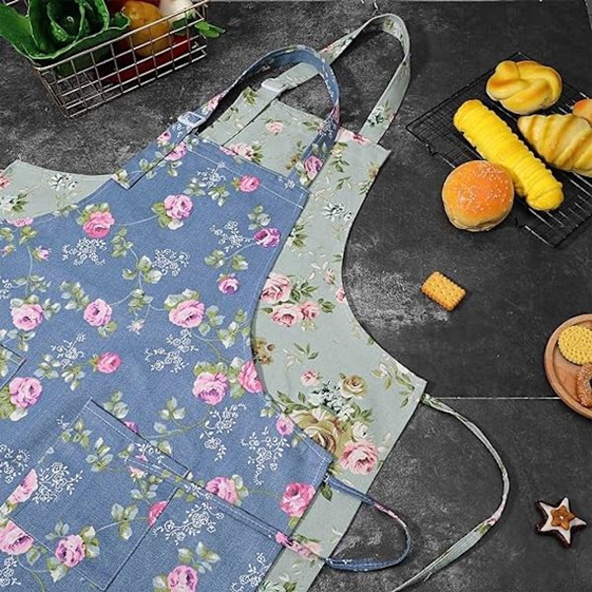 Aprons - Women's Kitchen - Adjustable Floral Apron with Large Pockets - for Cooking, Baking, Gardening - 2-Pack - Image 3
