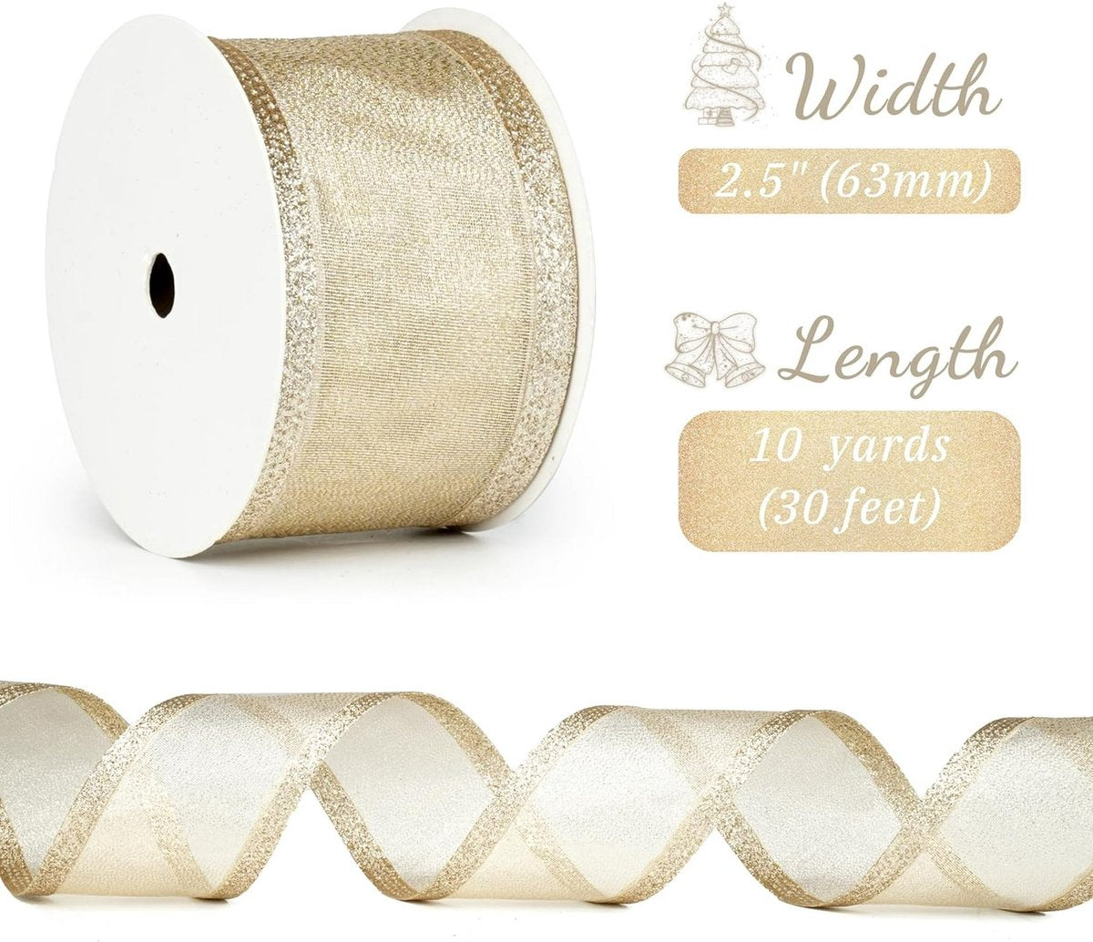 Champagne Christmas Ribbon - 2.5" Champagne Gold Metallic Ribbon with Glitter Stripes - Christmas Tree Ribbon, Garland Supplies - Ornaments - Wreaths - Party Decorations - 10 Yards - Image 2