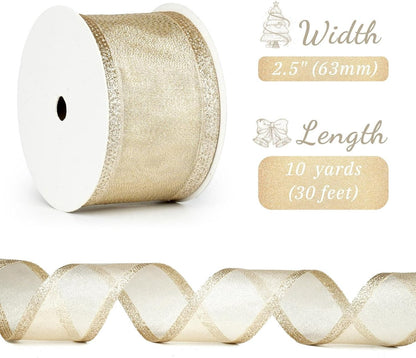 Champagne Christmas Ribbon - 2.5" Champagne Gold Metallic Ribbon with Glitter Stripes - Christmas Tree Ribbon, Garland Supplies - Ornaments - Wreaths - Party Decorations - 10 Yards - Image 2