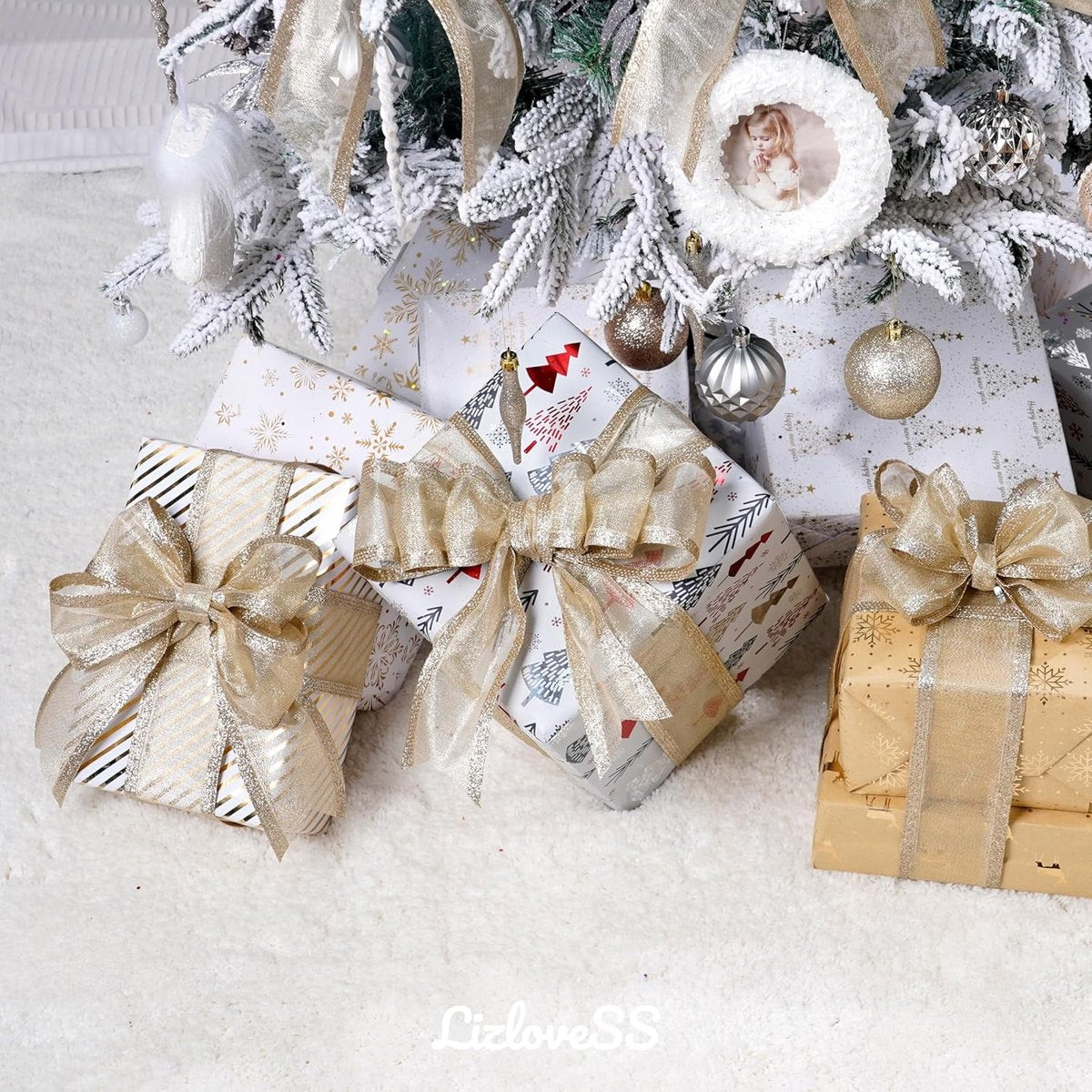 Champagne Christmas Ribbon - 2.5" Champagne Gold Metallic Ribbon with Glitter Stripes - Christmas Tree Ribbon, Garland Supplies - Ornaments - Wreaths - Party Decorations - 10 Yards - Image 3