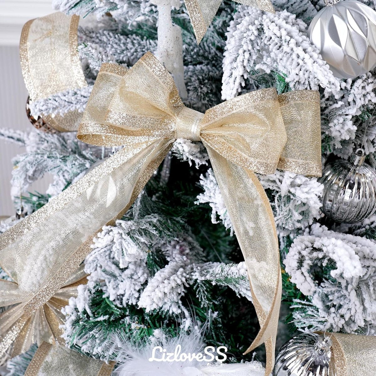 Champagne Christmas Ribbon - 2.5" Champagne Gold Metallic Ribbon with Glitter Stripes - Christmas Tree Ribbon, Garland Supplies - Ornaments - Wreaths - Party Decorations - 10 Yards - Image 4