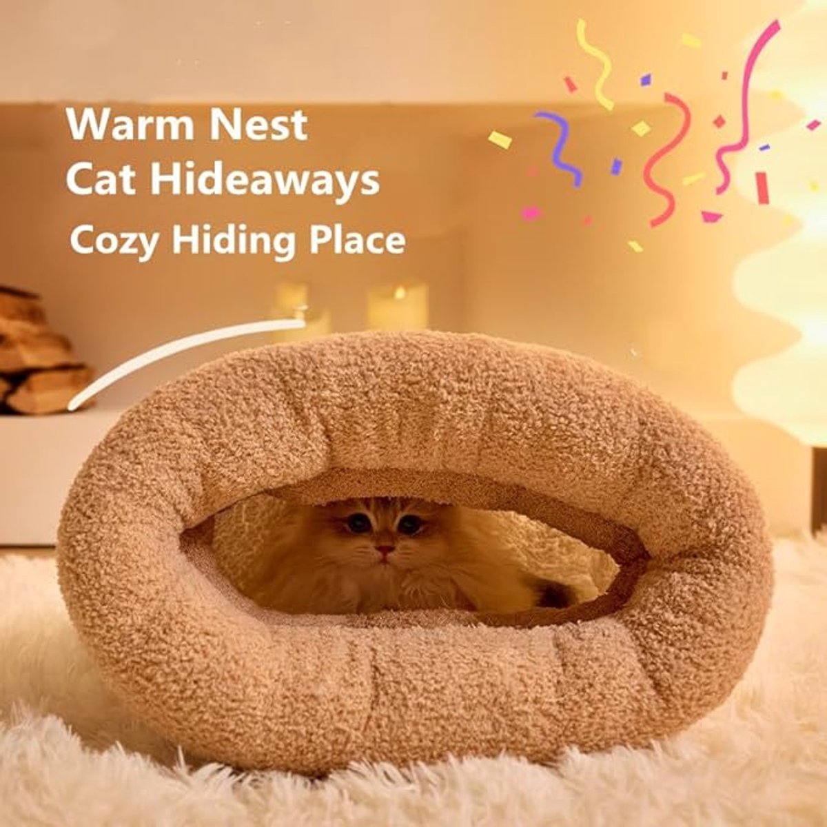 Cat Bed - Cave Cat Basket - Winter Sleeping Bag for Pets - Soft Plush Cat Bed - Suitable for Indoor Cats, Kittens and Dogs (Beige, L-54*45cm) - Image 2