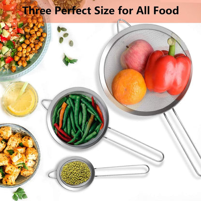 Three-Piece Ultra Fine Metal Sieve Set - with Handles - Sizes Small, Medium & Large - Made of Stainless Steel - Suitable for Kitchen, Rice, Juice, Quinoa, Food, Flour & Baking. - Image 2