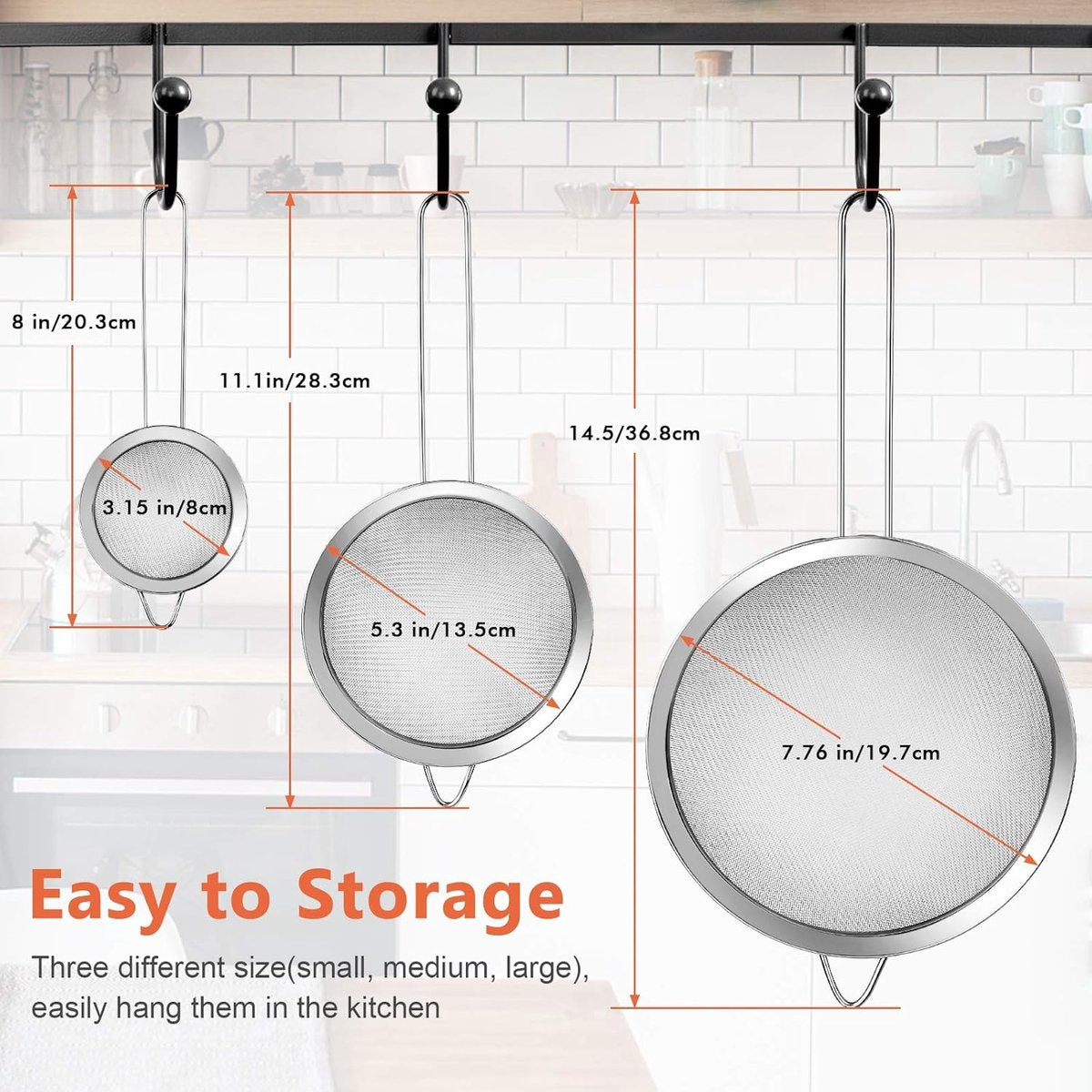 Three-Piece Ultra Fine Metal Sieve Set - with Handles - Sizes Small, Medium & Large - Made of Stainless Steel - Suitable for Kitchen, Rice, Juice, Quinoa, Food, Flour & Baking. - Image 4