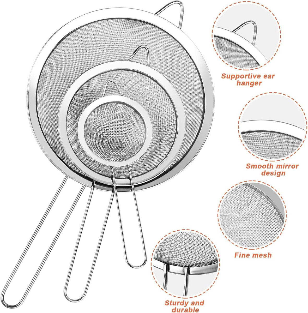 Three-Piece Ultra Fine Metal Sieve Set - with Handles - Sizes Small, Medium & Large - Made of Stainless Steel - Suitable for Kitchen, Rice, Juice, Quinoa, Food, Flour & Baking. - Image 5