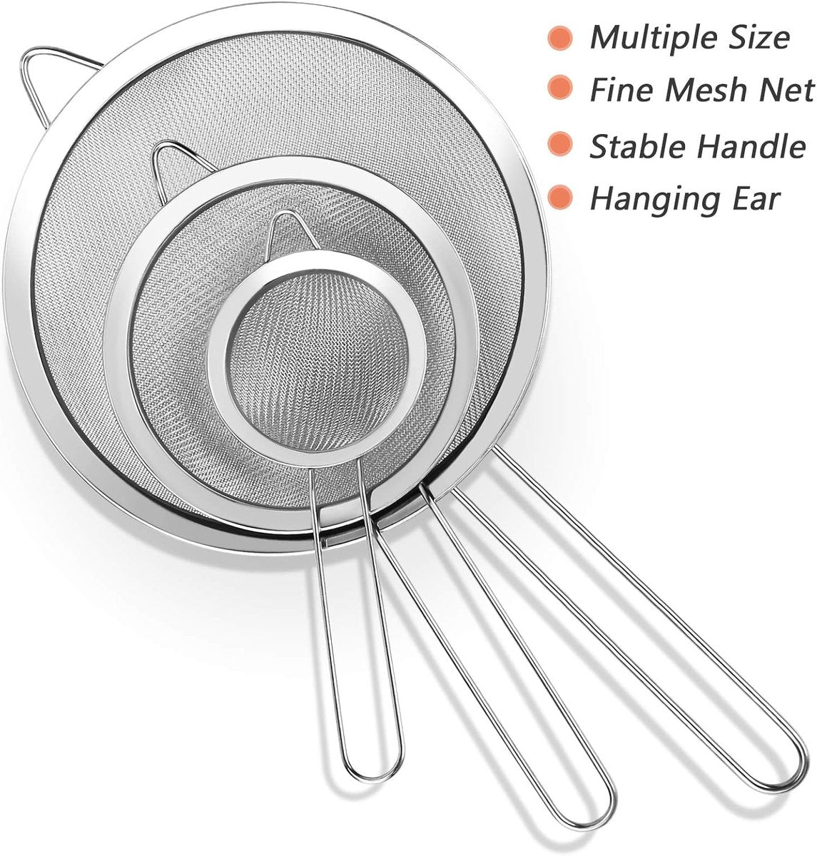 Three-Piece Ultra Fine Metal Sieve Set - with Handles - Sizes Small, Medium & Large - Made of Stainless Steel - Suitable for Kitchen, Rice, Juice, Quinoa, Food, Flour & Baking. - Image 6