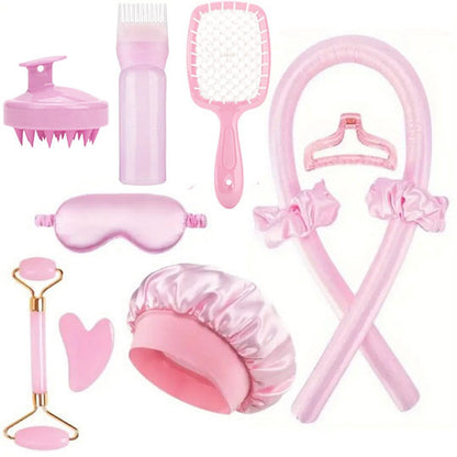 Hair Rollers - 11-Piece - Heatless Curling Iron - Heatless Curls - Curls without Heat - Includes Hair Clip and Satin Sleep Cap (Pink)