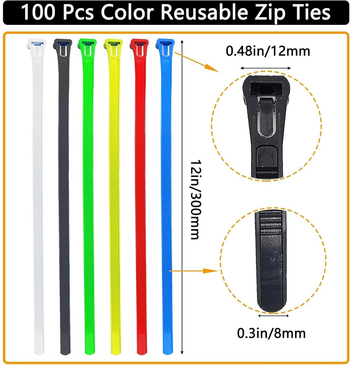 100 12" Colorful Reusable Cable Ties - Heavy-duty reusable cable ties - Self-locking nylon cable ties with a tensile strength of 50 lb - Suitable for garden, plants, home and office - Image 5