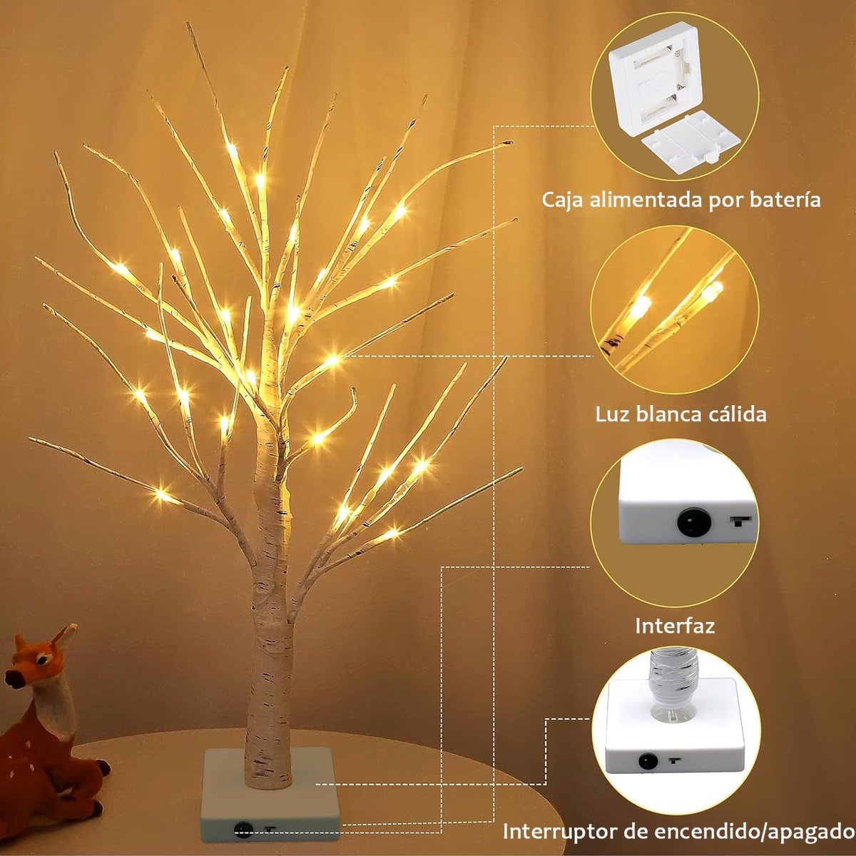 LED Lighting - Christmas Tree with LED Lighting - 60cm Birch Wood Christmas Decoration - Bright and Warm White Tree Lights - Suitable for Indoor Christmas Decorations - Thanksgiving/Christmas Decorations Indoors - Image 2