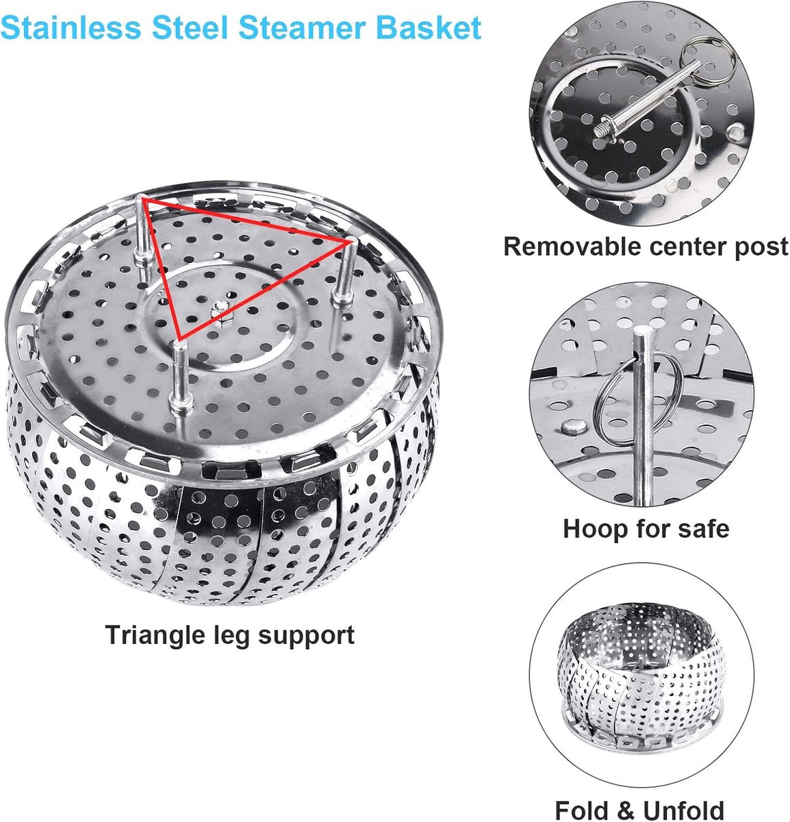 Vegetable Steamer Basket - Collapsible Steamer Basket - Stainless Steel Foldable Steamer Basket - For Cooking Food - Expandable, Suitable for Pots of Different Sizes (13.5cm to 21.8cm). - Image 3