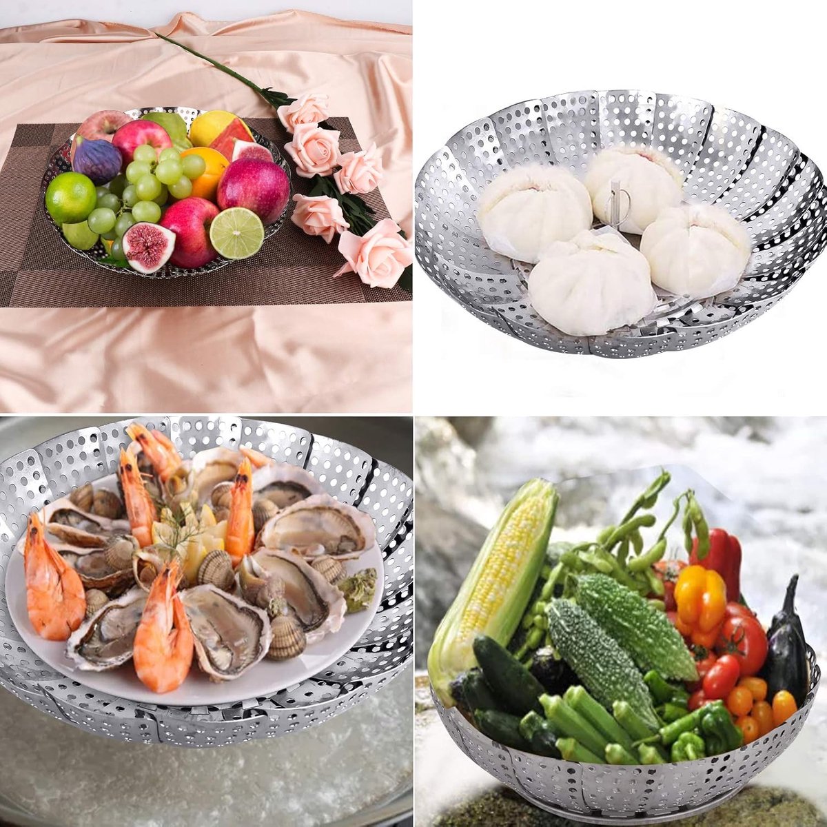 Vegetable Steamer Basket - Collapsible Steamer Basket - Stainless Steel Foldable Steamer Basket - For Cooking Food - Expandable, Suitable for Pots of Different Sizes (13.5cm to 21.8cm). - Image 4