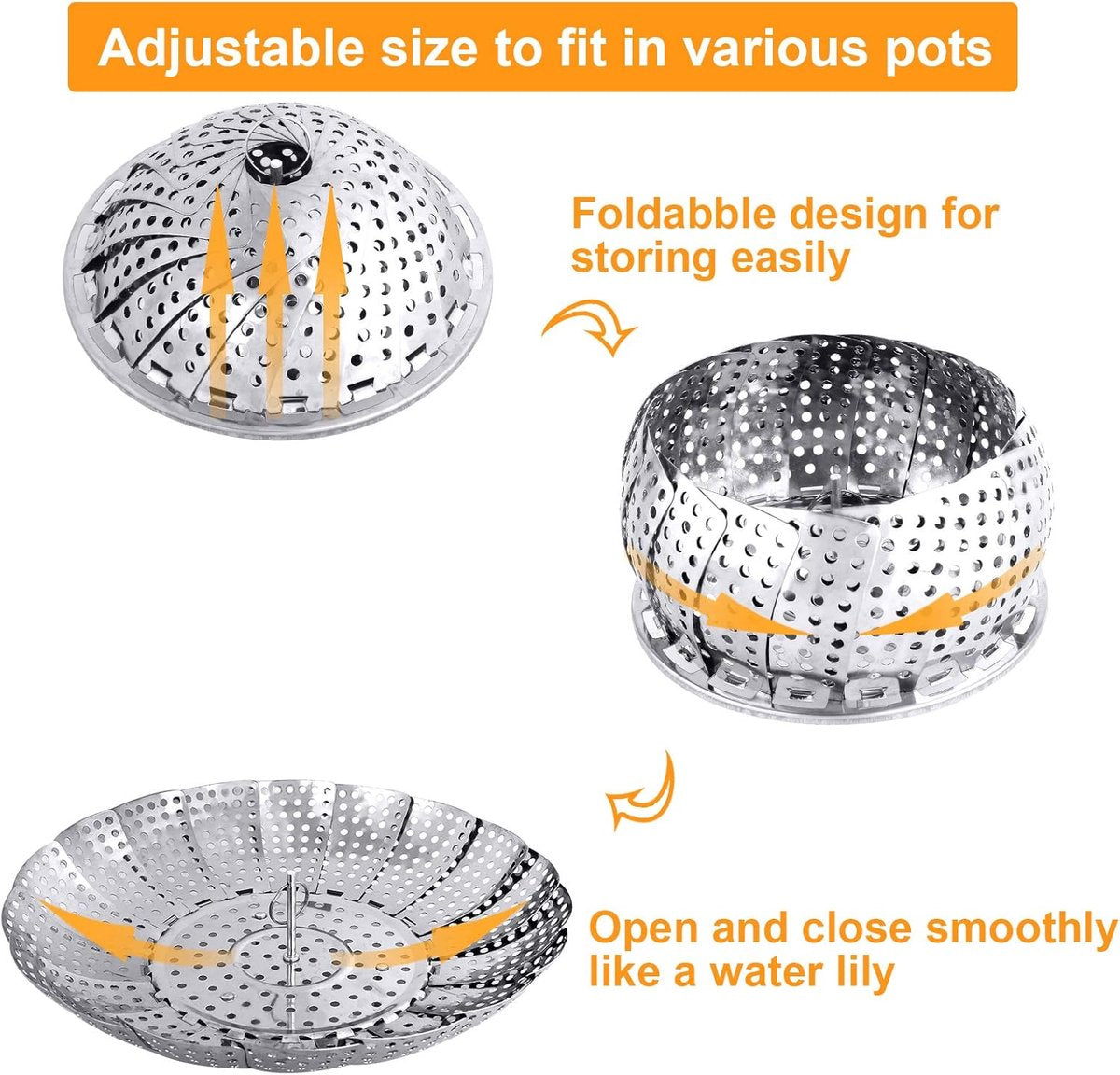 Vegetable Steamer Basket - Collapsible Steamer Basket - Stainless Steel Foldable Steamer Basket - For Cooking Food - Expandable, Suitable for Pots of Different Sizes (13.5cm to 21.8cm). - Image 7