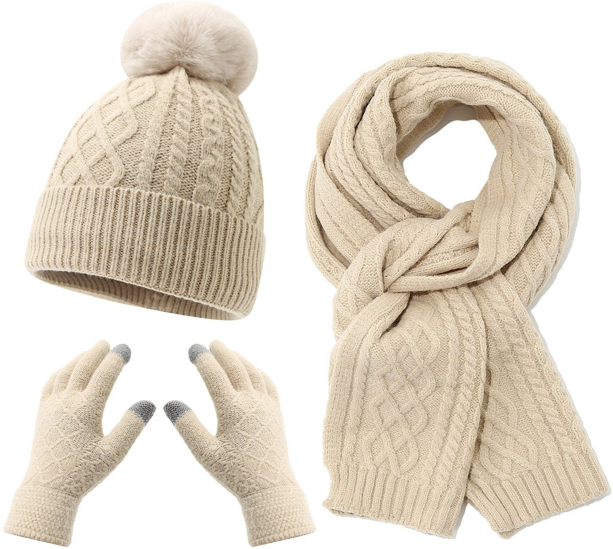 Women's Three-Piece Scarf Set - Women's Scarf - Women's Gloves - Warm Winter Hat - Solid Color - Cable Knit - Warm Hat with Fleece Lining - Knitted Hat with Pompom - Scarf - Unisex - Gloves - Beige