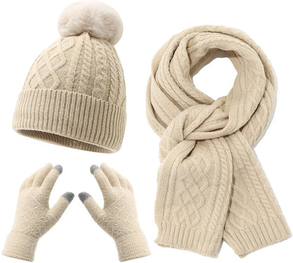 Women's Three-Piece Scarf Set - Women's Scarf - Women's Gloves - Warm Winter Hat - Solid Color - Cable Knit - Warm Hat with Fleece Lining - Knitted Hat with Pompom - Scarf - Unisex - Gloves - Beige