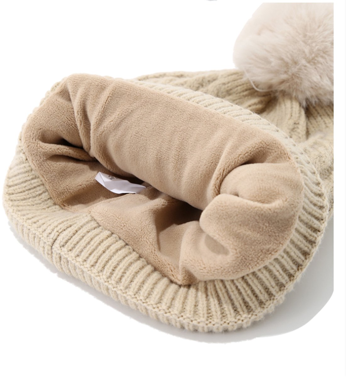 Women's Three-Piece Scarf Set - Women's Scarf - Women's Gloves - Warm Winter Hat - Solid Color - Cable Knit - Warm Hat with Fleece Lining - Knitted Hat with Pompom - Scarf - Unisex - Gloves - Beige - Image 2