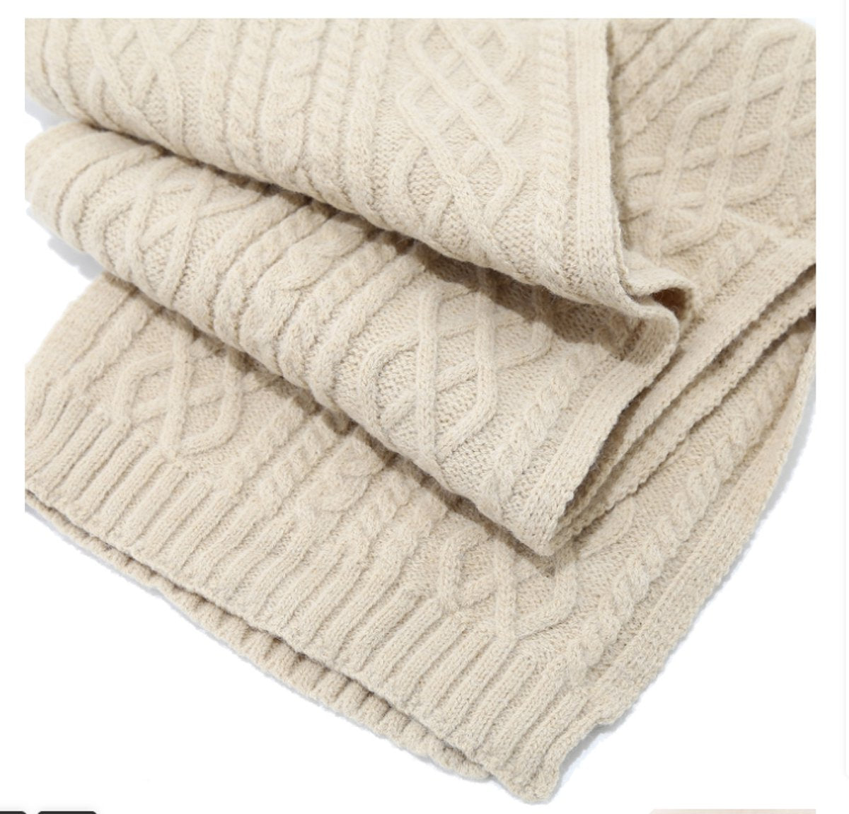 Women's Three-Piece Scarf Set - Women's Scarf - Women's Gloves - Warm Winter Hat - Solid Color - Cable Knit - Warm Hat with Fleece Lining - Knitted Hat with Pompom - Scarf - Unisex - Gloves - Beige - Image 3