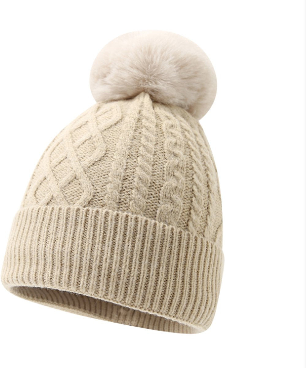 Women's Three-Piece Scarf Set - Women's Scarf - Women's Gloves - Warm Winter Hat - Solid Color - Cable Knit - Warm Hat with Fleece Lining - Knitted Hat with Pompom - Scarf - Unisex - Gloves - Beige - Image 4