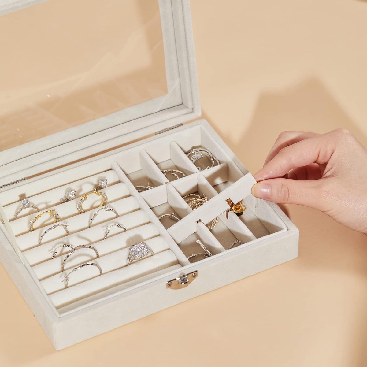 Jewelry Box - Jewelry Box with Glass Lid and Lock - 9 Compartment Jewelry Organizer - Suitable for storing earrings, bracelets and women's jewelry. - Image 2
