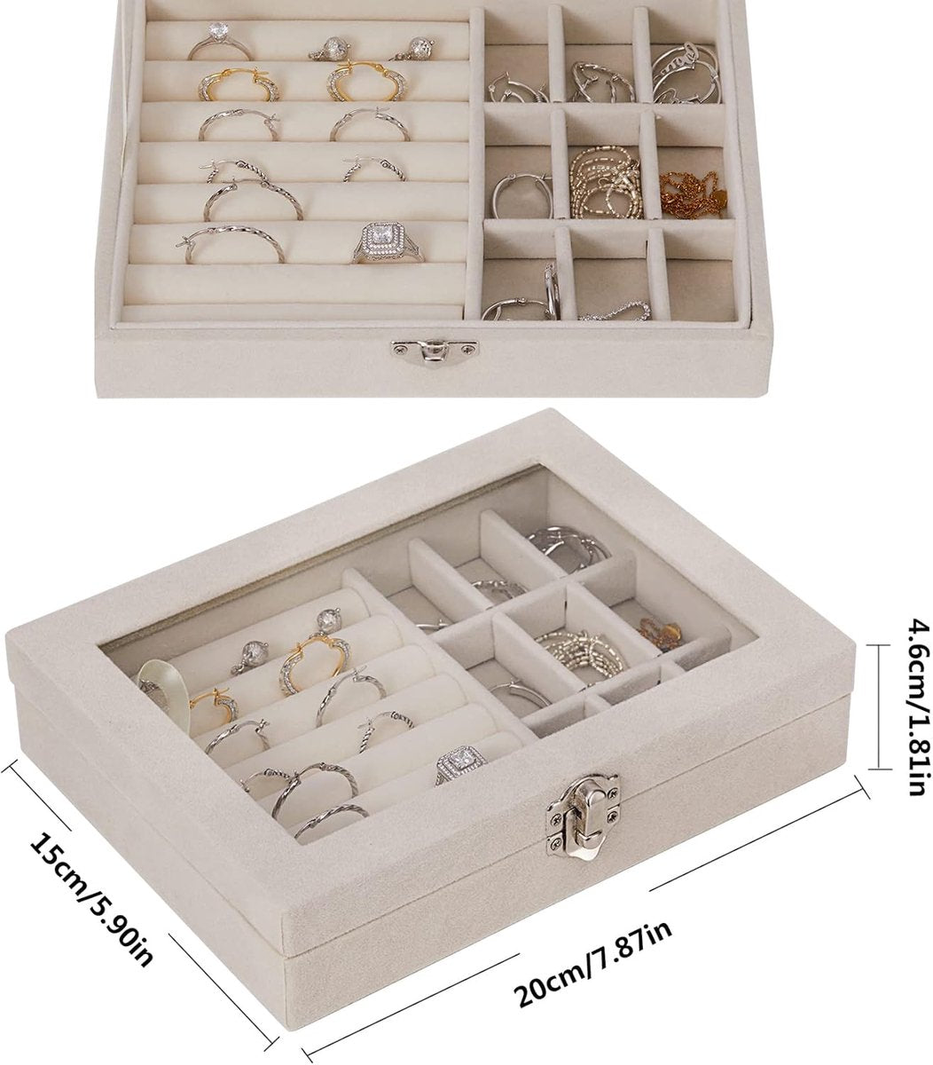 Jewelry Box - Jewelry Box with Glass Lid and Lock - 9 Compartment Jewelry Organizer - Suitable for storing earrings, bracelets and women's jewelry. - Image 5