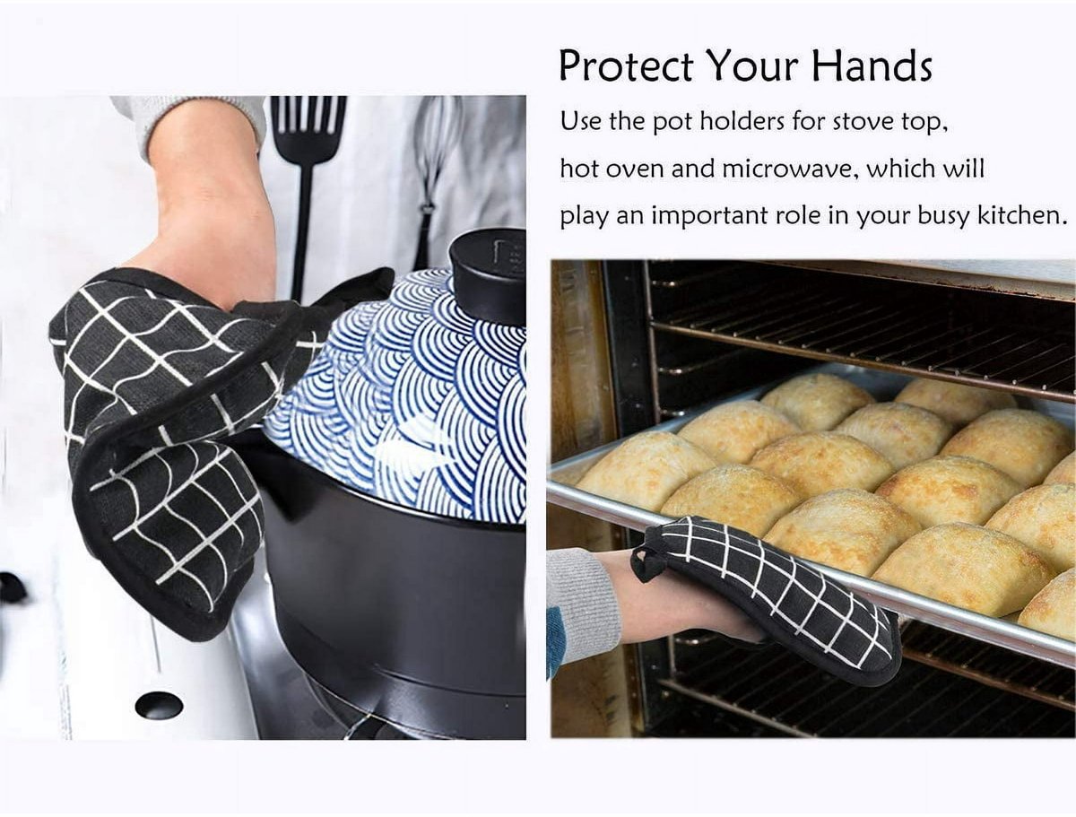 Potholders - Cotton Potholders - Fabric Mitts - Heat Resistant Placemats - Square Potholders - with Pockets - Set of 4 for Cooking and Baking in the Kitchen - Black and White - Image 3