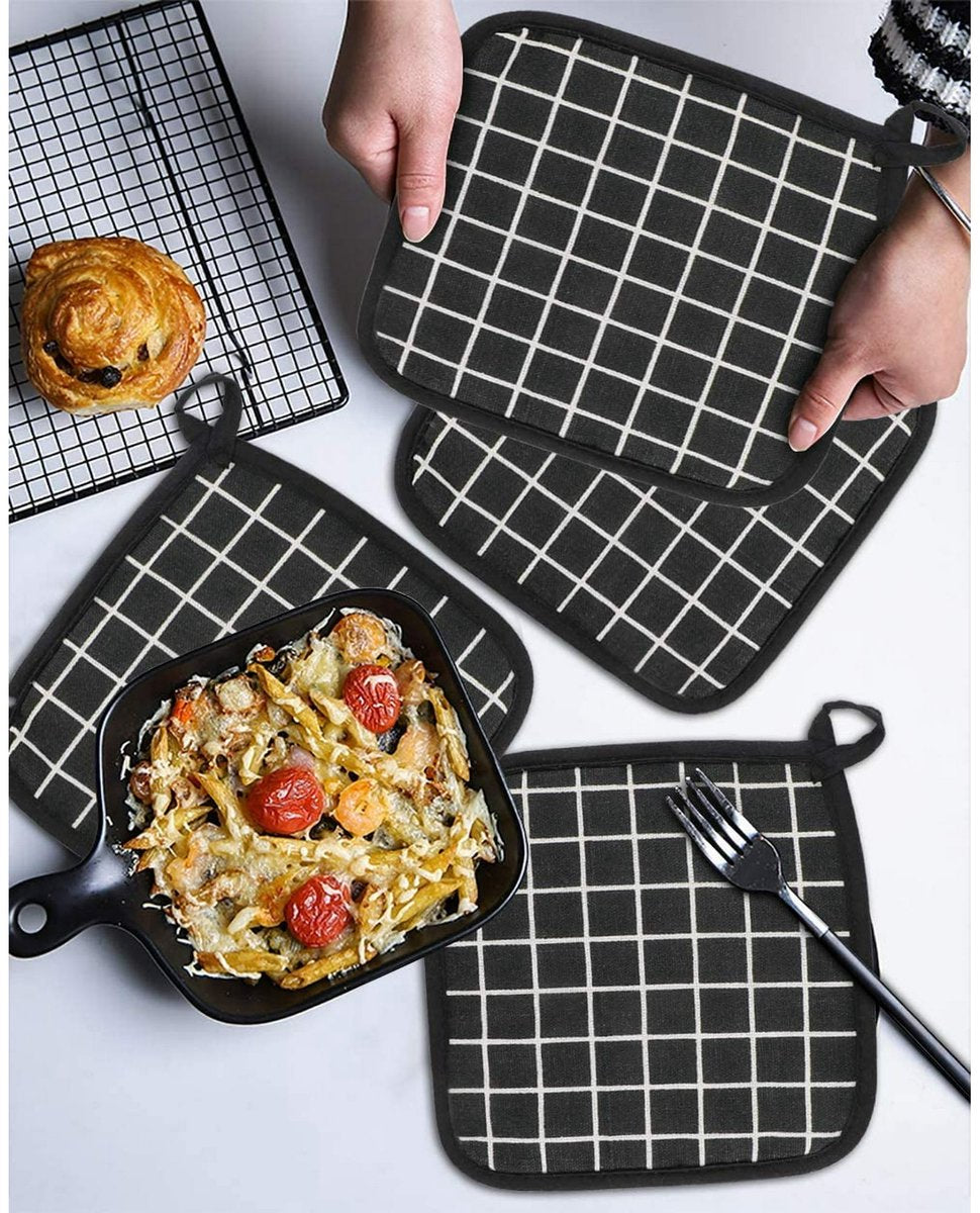 Potholders - Cotton Potholders - Fabric Mitts - Heat Resistant Placemats - Square Potholders - with Pockets - Set of 4 for Cooking and Baking in the Kitchen - Black and White - Image 4