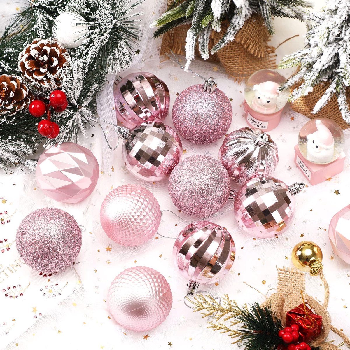 Christmas Baubles - Pack of 24 - Large Size, 6cm Diameter - Unbreakable Plastic - Christmas Tree Decoration - Various Christmas Bauble Decorations Suitable for Weddings, Mother's Day Party Decorations (Pink) - Image 4