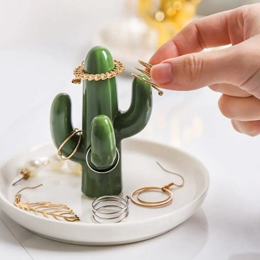 Two-Piece Jewelry Display Set - Aloe Vera and Cactus Ring Organizer Set - Ceramic - Jewelry Organizer - Bracelet, Earring, and Necklace Organizer with Leaf Decorations - Decorative Items - Image 3