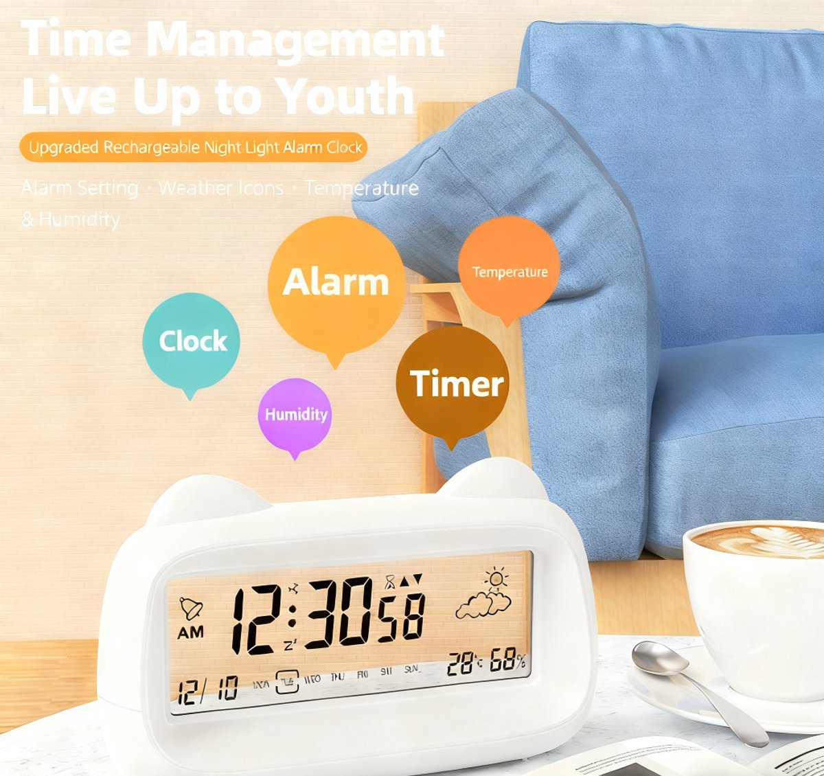Alarm Clock - Digital Alarm Clock - Digital Clock - Smart Alarm Clock - Electronic Calendar - Cat-shaped Alarm Clock with Light - Real-time Temperature and Humidity Monitoring - Weather Display - Large Night Light Screen - USB Charging（White） - Image 2