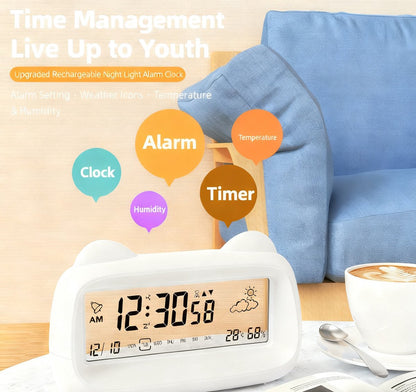 Alarm Clock - Digital Alarm Clock - Digital Clock - Smart Alarm Clock - Electronic Calendar - Cat-shaped Alarm Clock with Light - Real-time Temperature and Humidity Monitoring - Weather Display - Large Night Light Screen - USB Charging（White） - Image 2