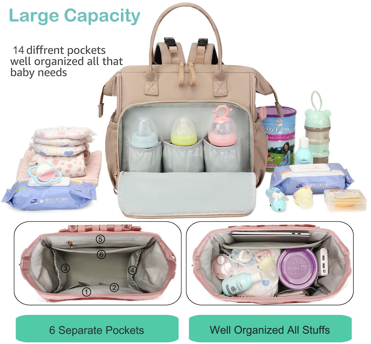 Convertible Diaper Bag - Wide Opening - 14 Pockets - Stylish - Baby Changing Bag - with Stroller Buckle - Diaper Bag - Waterproof (Off-White) - Image 2