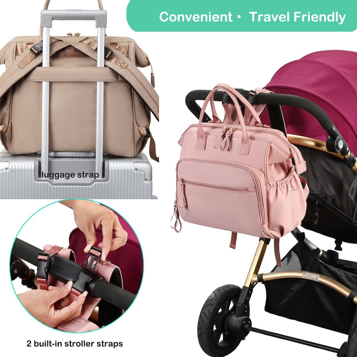 Convertible Diaper Bag - Wide Opening - 14 Pockets - Stylish - Baby Changing Bag - with Stroller Buckle - Diaper Bag - Waterproof (Off-White) - Image 3