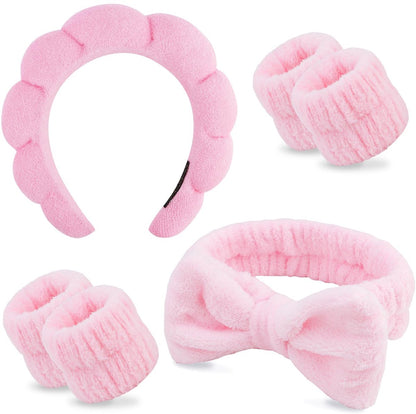 Winter Headband for Women - Set of 4 - Pink Makeup Headband and Wristband Set - Suitable for Facial Cleansing and Skin Care - Christmas Gift - Birthday Gift, Gift for Girls