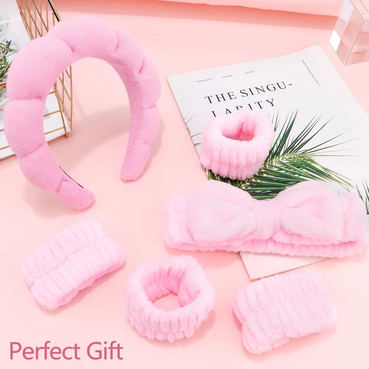 Winter Headband for Women - Set of 4 - Pink Makeup Headband and Wristband Set - Suitable for Facial Cleansing and Skin Care - Christmas Gift - Birthday Gift, Gift for Girls - Image 2