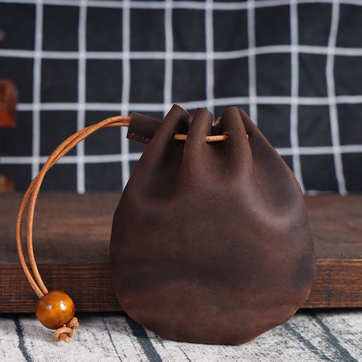 Drawstring Wallet - Leather Drawstring Wallet - Small Organizer for Headphones, Jewelry, and Candy - Coconut Brown - Image 2