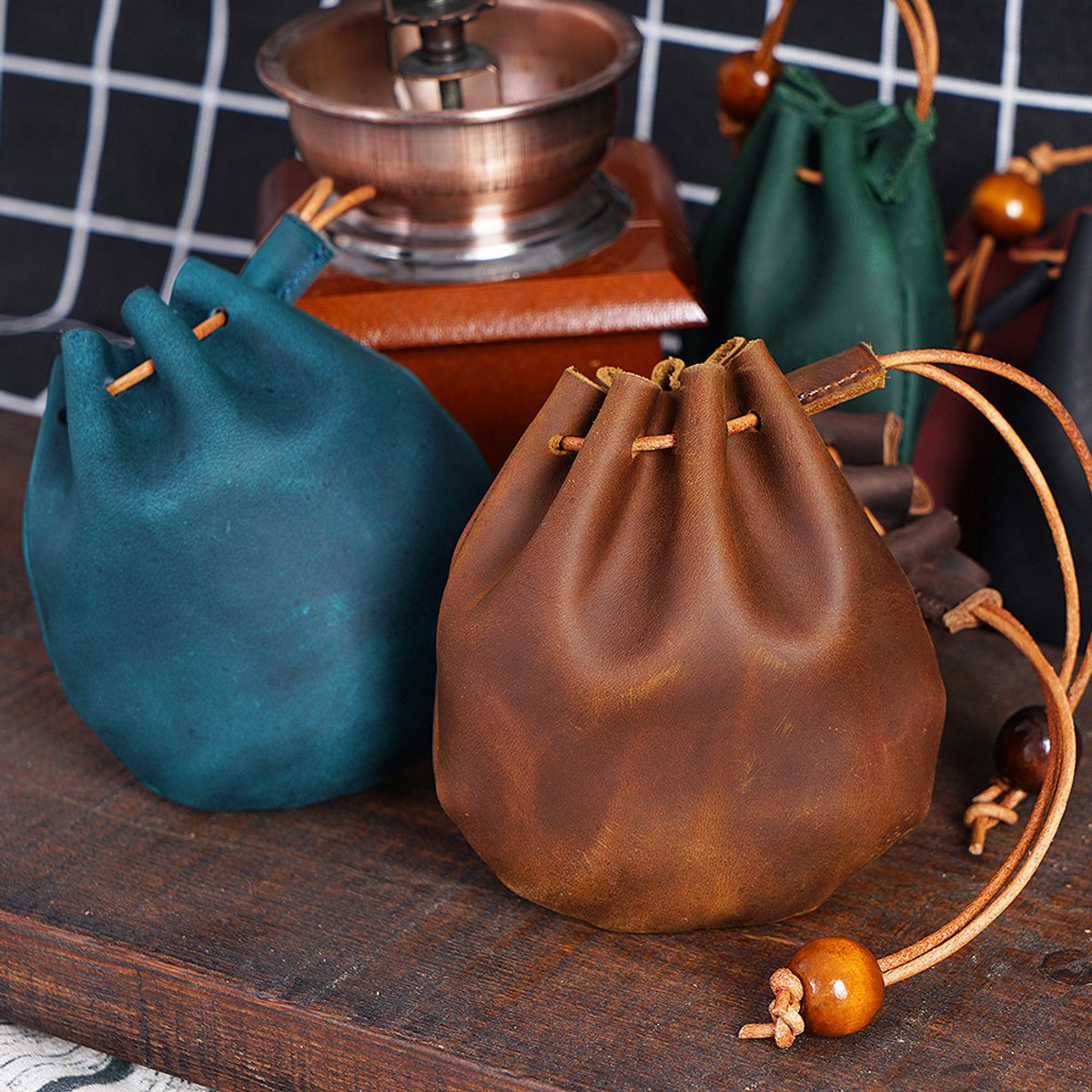 Drawstring Wallet - Leather Drawstring Wallet - Small Organizer for Headphones, Jewelry, and Candy - Coconut Brown - Image 3